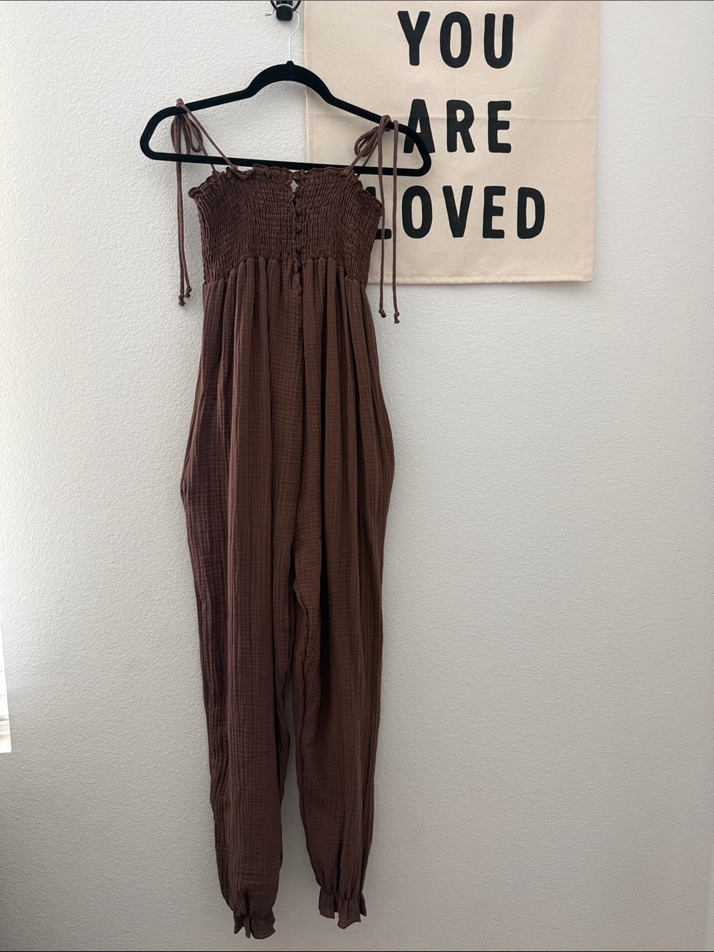 BUCKETLIST Brown Smocked Tie-Strap Jumpsuit